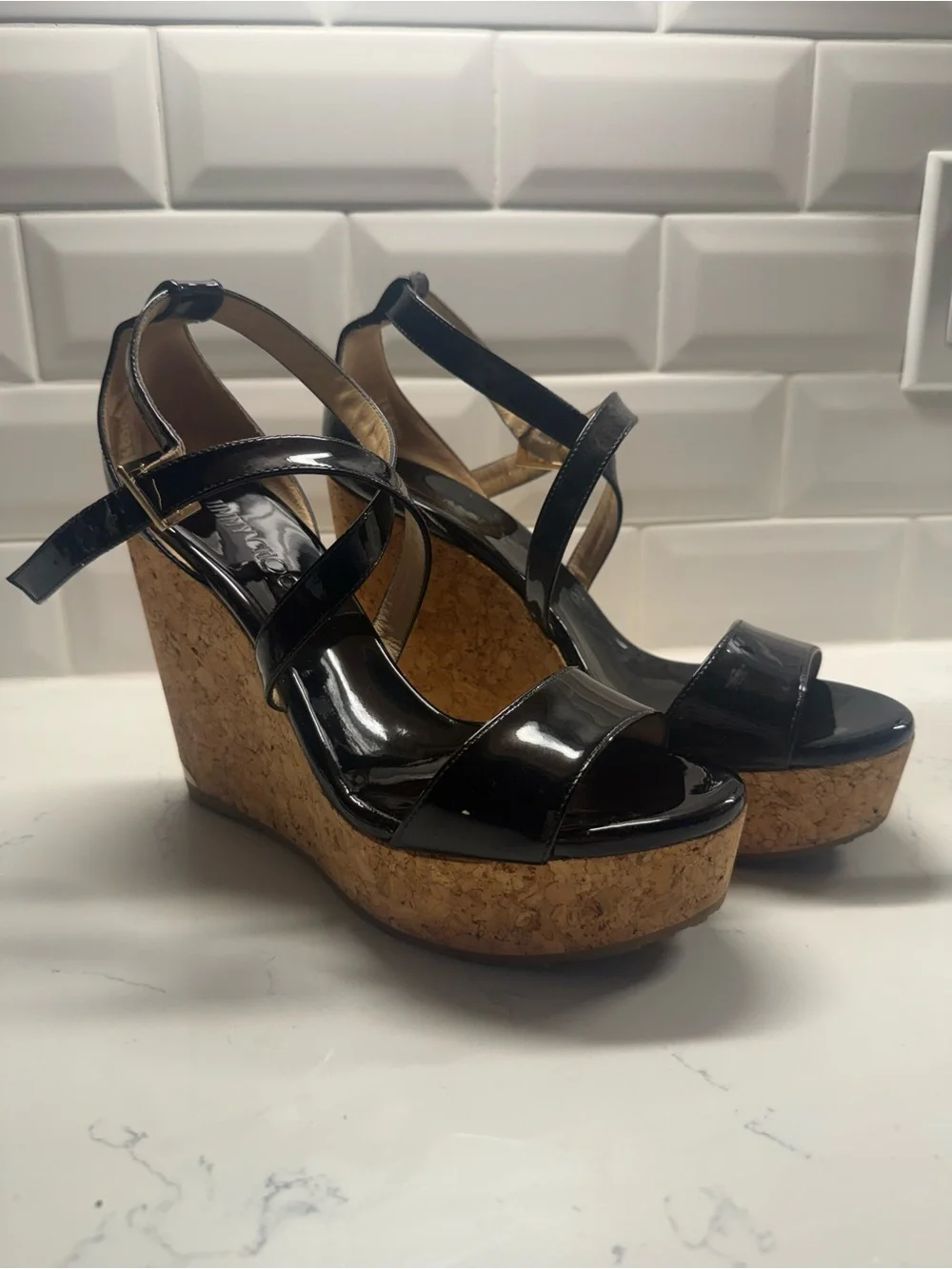 Jimmy Choo Black Patent Cork Wedge Sandals - Women